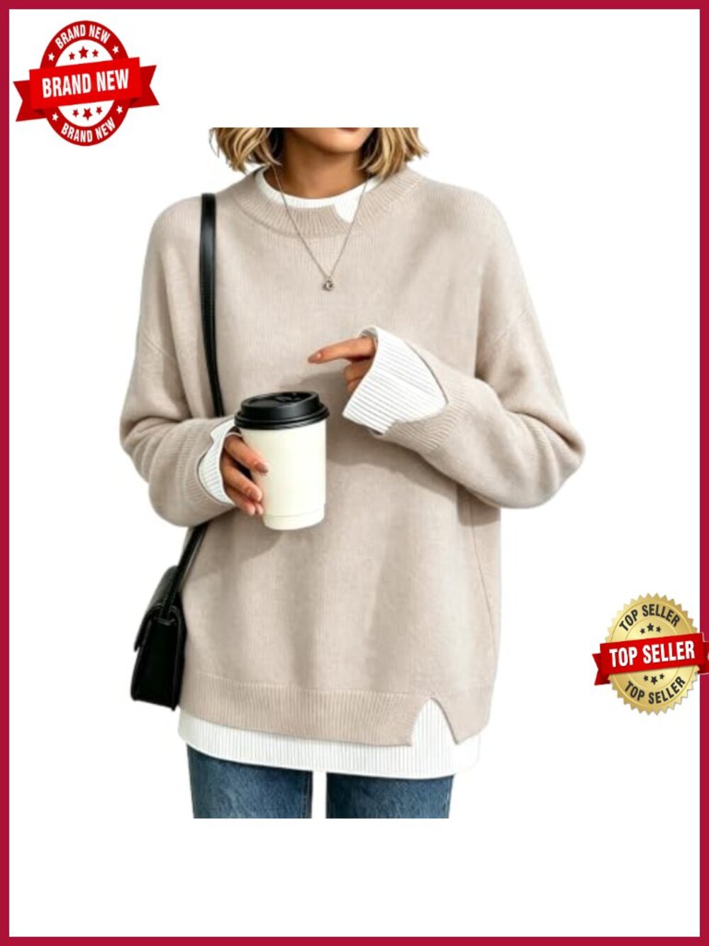 Womens Oversized Knit Sweater Crew Neck Long Sleeve Pullover Cozy Fall Winter